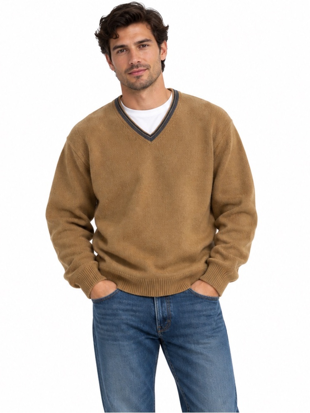 J.Crew 100% Lambswool V-Neck Sweater Camel M Contrast Trim 90s Ivy Prep
